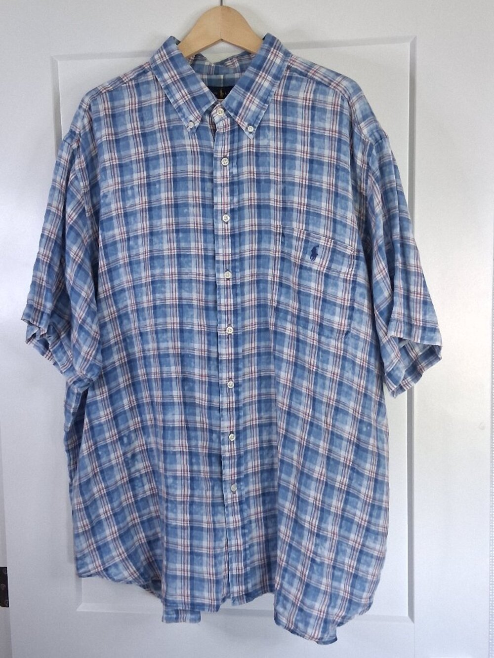 Ralph Lauren Mens 3XB Big 100% Linen Blue Plaid Short Sleeve Button Down